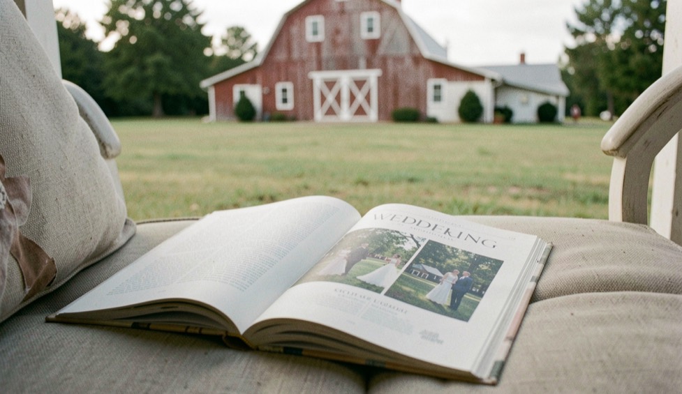 Reading copy of a wedding magazine lying open on a porch swing cushion with a barn visible across the yard in soft focus