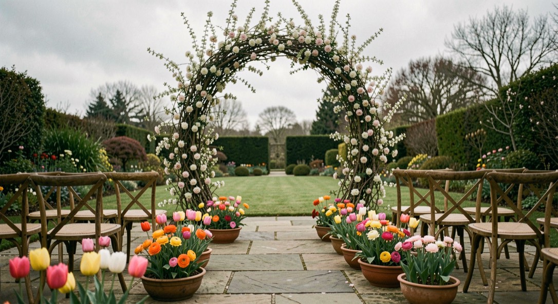 Garden ceremony arch of flowering branches above a flagstone path, tulips and ranunculus in low bowls along the chairs and a soft grey sky